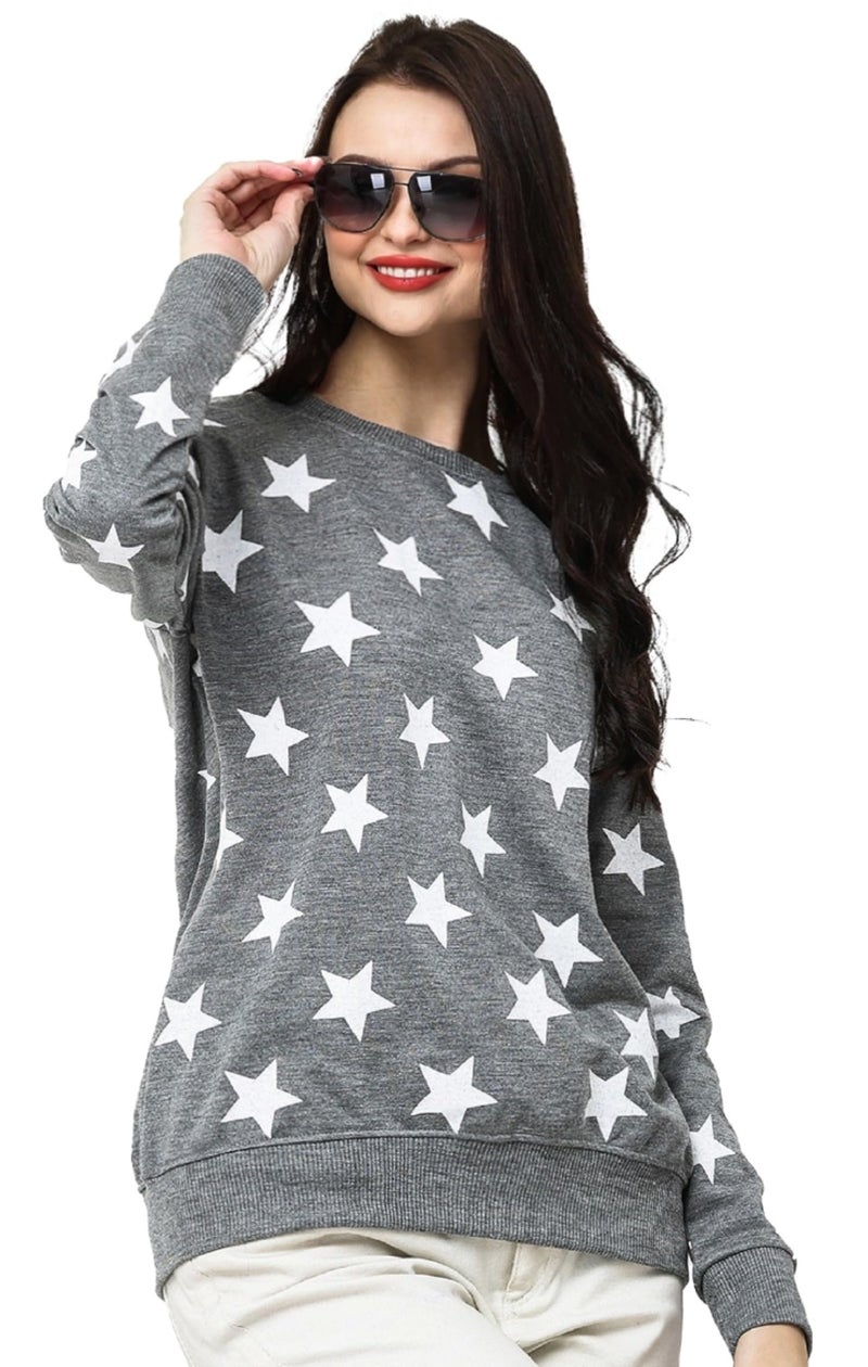 LEOTUDE Women's Loopknit Round Neck Regular Full Sleeve Printed Sweatshirt for Womens (05_Stargryy_P_Grey_2XL) - Image 2