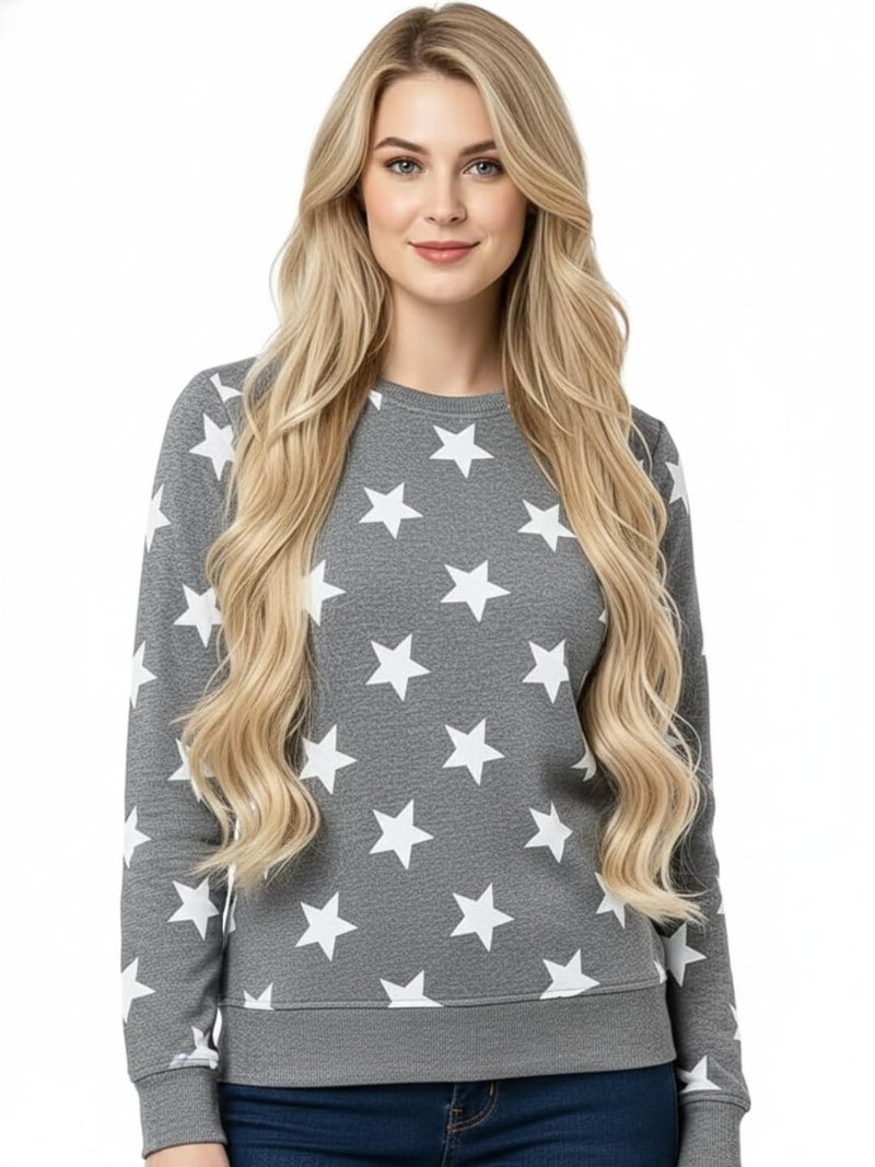 LEOTUDE Women's Loopknit Round Neck Regular Full Sleeve Printed Sweatshirt for Womens (05_Stargryy_P_Grey_2XL) - Image 1