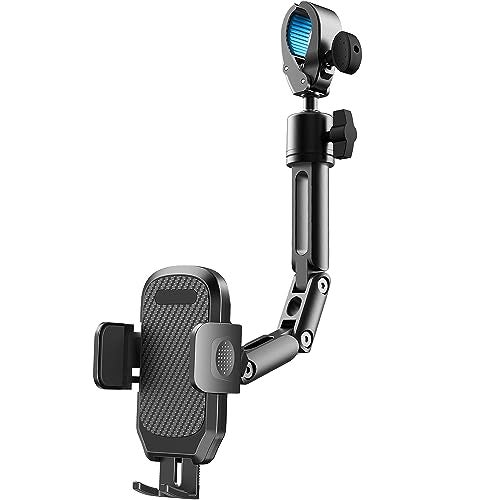 Quyee Phone Holder Car, Rear View Mirror Phone Holder - Aluminum Alloy Mount Multi-Angle Adjustment Rotatable and Retractable Compatible with All 4-7 Inch iPhone and Android Cell Phones - Image 1