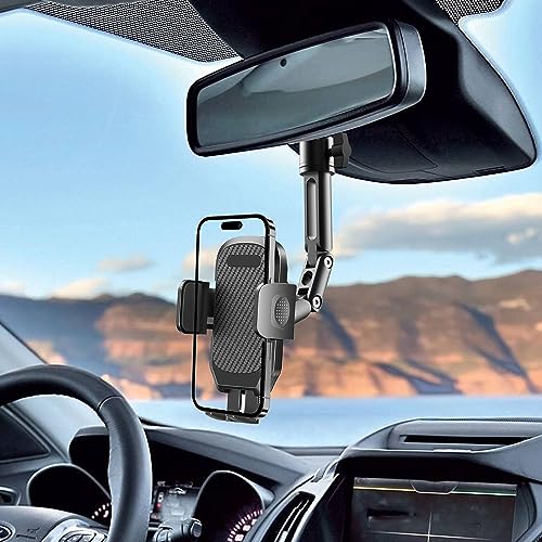Quyee Phone Holder Car, Rear View Mirror Phone Holder - Aluminum Alloy Mount Multi-Angle Adjustment Rotatable and Retractable Compatible with All 4-7 Inch iPhone and Android Cell Phones - Image 2