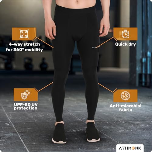 Athmonk Compression Nylon Lycra Lower High Rise Leggings Tights Yoga Pants for Men Boys-Workout Gym Exercise Running Cycling Training-Full Leg Sleeves-Cold Weather Sports Inner-Skinny Fit-Black,Large - Image 5