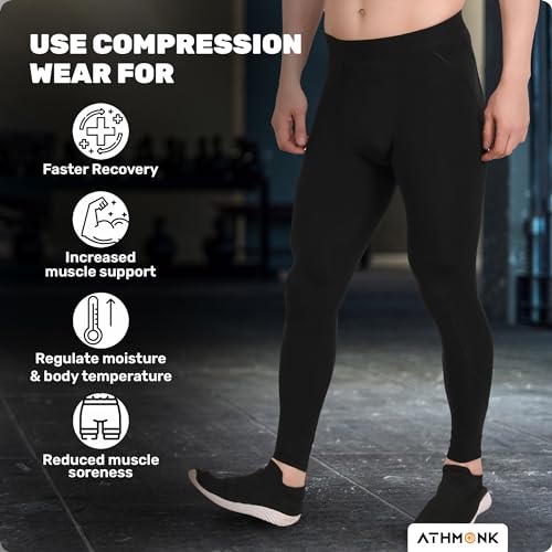 Athmonk Compression Nylon Lycra Lower High Rise Leggings Tights Yoga Pants for Men Boys-Workout Gym Exercise Running Cycling Training-Full Leg Sleeves-Cold Weather Sports Inner-Skinny Fit-Black,Large - Image 2
