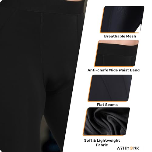 Athmonk Compression Nylon Lycra Lower High Rise Leggings Tights Yoga Pants for Men Boys-Workout Gym Exercise Running Cycling Training-Full Leg Sleeves-Cold Weather Sports Inner-Skinny Fit-Black,Large - Image 4