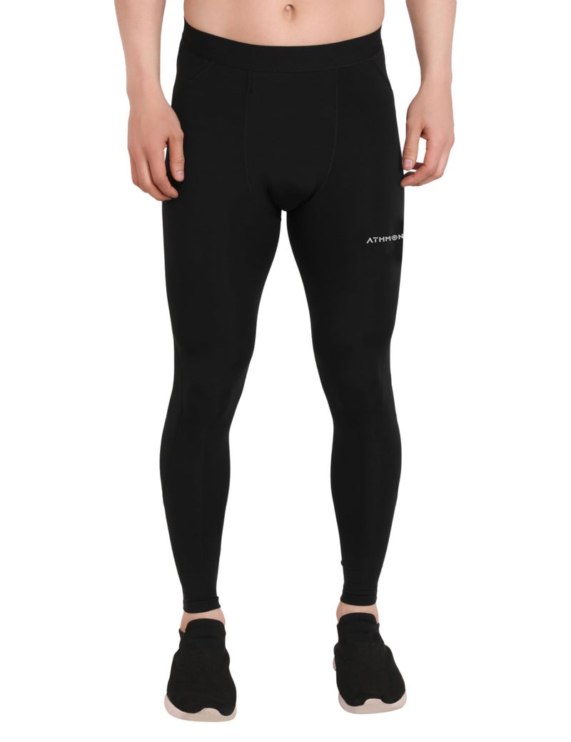 Athmonk Compression Nylon Lycra Lower High Rise Leggings Tights Yoga Pants for Men Boys-Workout Gym Exercise Running Cycling Training-Full Leg Sleeves-Cold Weather Sports Inner-Skinny Fit-Black,Large - Image 1