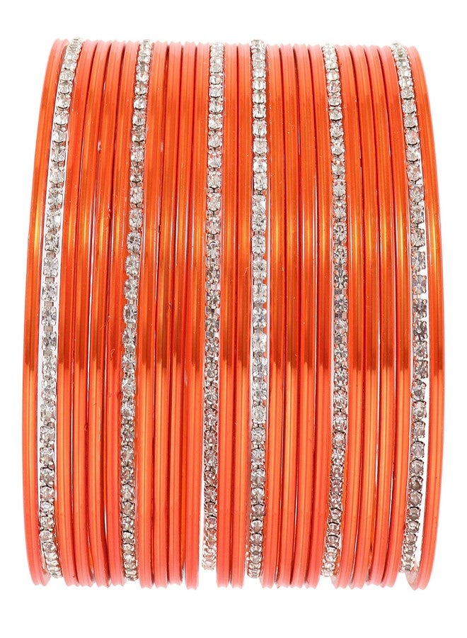 ZULKA Non-Precious Metal Base Metal with Zircon Gemstone Studded worked Glossy Finished Bangle Set For Women and Girls, (Orange_2.8 Inches), Pack Of 26 Bangle Set - Image 1
