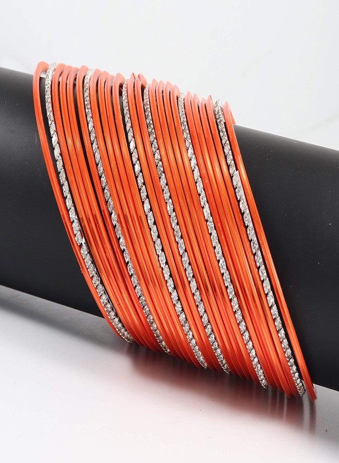 ZULKA Non-Precious Metal Base Metal with Zircon Gemstone Studded worked Glossy Finished Bangle Set For Women and Girls, (Orange_2.8 Inches), Pack Of 26 Bangle Set - Image 4