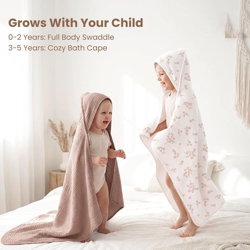Konssy 2-Pack Muslin Hooded Baby Towels, 100% Cotton, Ultra-Soft & Absorbent Baby Bath Towels with Hood for Newborn & Infant (Taupe,Soft Blooms,32" x 32") - Image 4