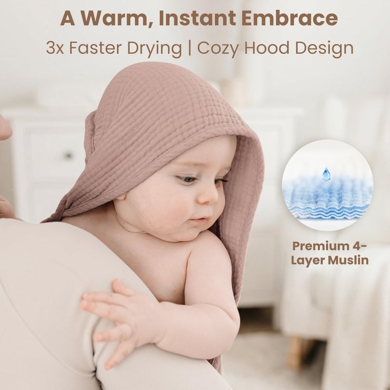 Konssy 2-Pack Muslin Hooded Baby Towels, 100% Cotton, Ultra-Soft & Absorbent Baby Bath Towels with Hood for Newborn & Infant (Taupe,Soft Blooms,32" x 32") - Image 3