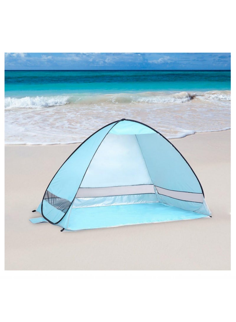 مظلة الشاطئ الفورية المنبثقة للحماية من الأشعة فوق البنفسجية والماء، مطلية بالفضة، بتصميم شبكي ثلاثي الجوانب، لحمل 2-3 أشخاص، للسفر المخيمات النزهات المشي الرحلات الخارجية المدمجة والمحمولة. - Image 3