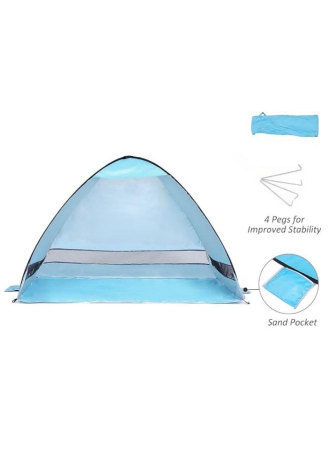 مظلة الشاطئ الفورية المنبثقة للحماية من الأشعة فوق البنفسجية والماء، مطلية بالفضة، بتصميم شبكي ثلاثي الجوانب، لحمل 2-3 أشخاص، للسفر المخيمات النزهات المشي الرحلات الخارجية المدمجة والمحمولة. - Image 4