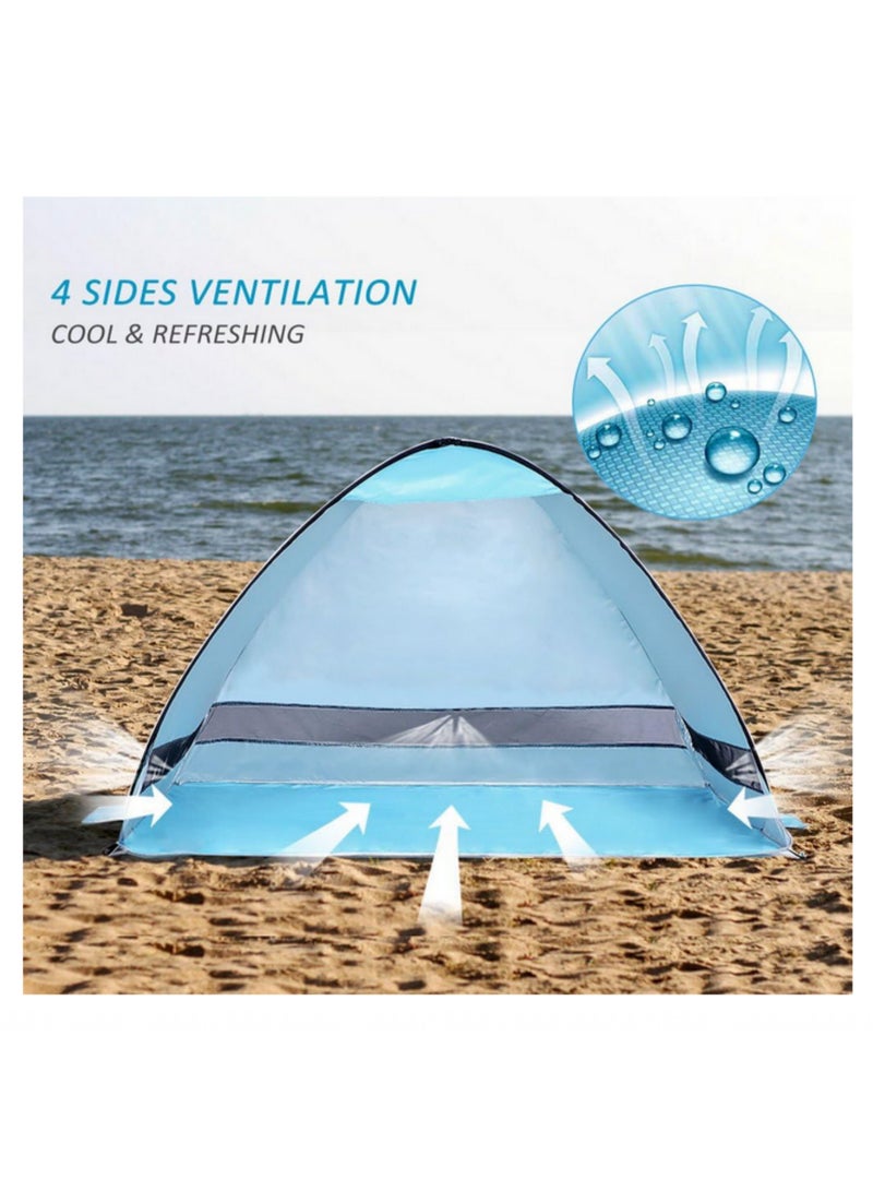 مظلة الشاطئ الفورية المنبثقة للحماية من الأشعة فوق البنفسجية والماء، مطلية بالفضة، بتصميم شبكي ثلاثي الجوانب، لحمل 2-3 أشخاص، للسفر المخيمات النزهات المشي الرحلات الخارجية المدمجة والمحمولة. - Image 5