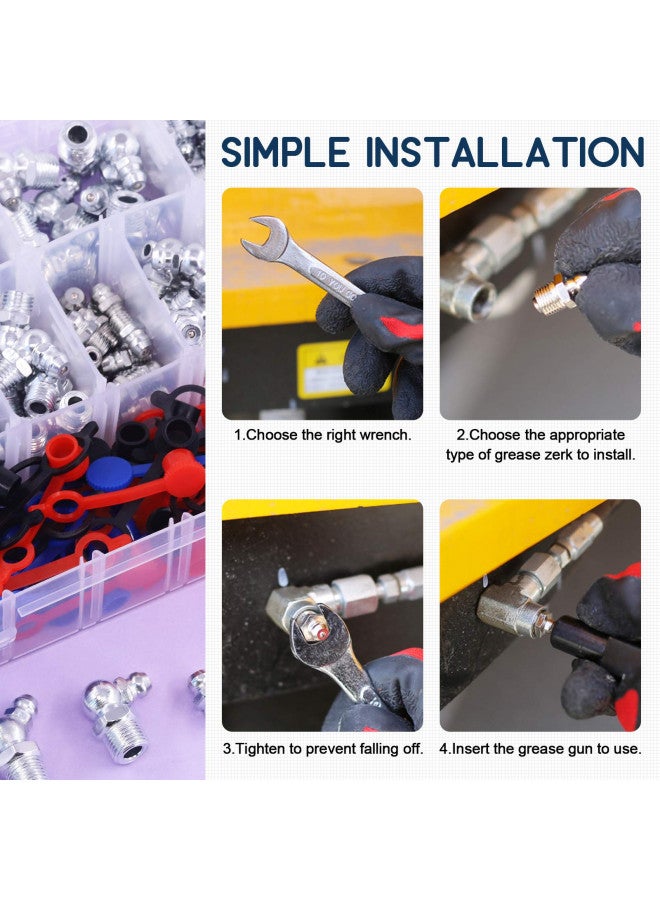 Swpeet Swpeet 246Pcs SAE & Metric Grease Nipple Assortment Kit, Hydraulic Grease Fittings Standard with Plastic Grease Fitting Cap 1/4", 1/8" M6 M8 M10 Straight, 90 Degree, 45 Degree Angled Grease Zerks - Image 4