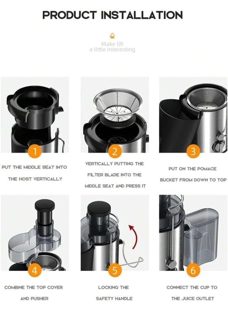 MUNTAQI آلة عصر العصير – عصارة مركزية من الفولاذ المقاوم للصدأ للفواكه والخضروات الكاملة، عصارة كهربائية عالية القوة مع فتحة تغذية واسعة، سرعتين، سهلة التنظيف، صانع عصير للمشروبات الصحية - Image 4