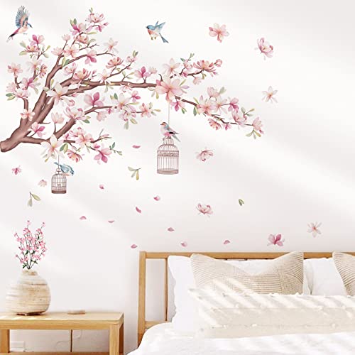 wondever Cherry Blossom Flowers Wall Stickers Pink Magnolia Floral Tree Branch Birds Peel and Stick Wall Art Decals for Living Room Bedroom TV Wall - Image 1