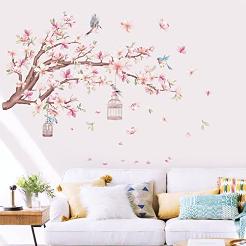 wondever Cherry Blossom Flowers Wall Stickers Pink Magnolia Floral Tree Branch Birds Peel and Stick Wall Art Decals for Living Room Bedroom TV Wall - Image 2