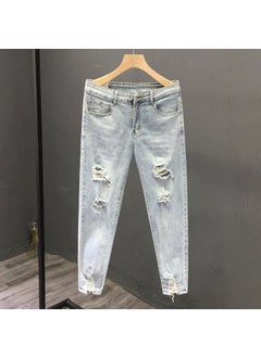 Mens Scraping Trendy Ripped Jeans Puppy Handsome Personalized Summer Slim-fit Pencil Pants Trendy Brand Cropped Beggar Pants for Men Light Blue 2082 Ripped Pants