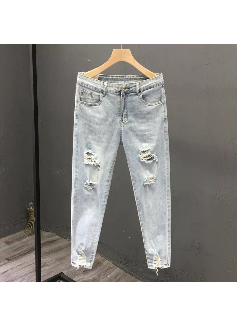 Generic - Mens Scraping Trendy Ripped Jeans Puppy Handsome Personalized Summer Slim-fit Pencil Pants Trendy Brand Cropped Beggar Pants for Men Light Blue 2082 Ripped Pants - Image 1