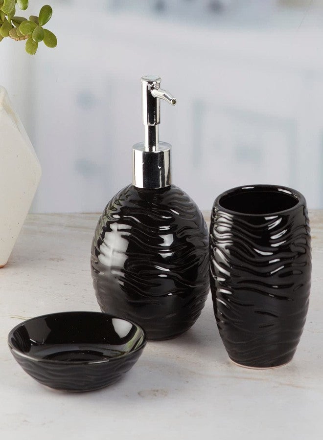 Kookee Ceramic Bathroom Set – Stylish 3 Piece Bath Accessories Kit with Liquid Handwash Soap Dispenser, Toothbrush Holder & Soap Dish – Modern & Designer Decor for Home & Guest Bathrooms,Black (9614) - Image 1