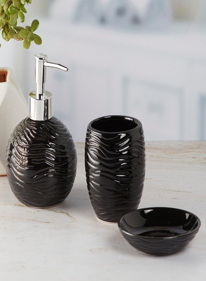 Kookee Ceramic Bathroom Set – Stylish 3 Piece Bath Accessories Kit with Liquid Handwash Soap Dispenser, Toothbrush Holder & Soap Dish – Modern & Designer Decor for Home & Guest Bathrooms,Black (9614) - Image 3