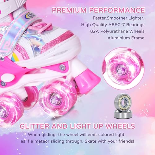 Nattork Girls Roller Skates for Little Kids Toddler Ages 5-8 4 5 6 7, 4 Size Adjustable Rainbow Unicorn Quad Skates with All Light Up Wheels - Best Birthday Gift for Outdoor Sports - Image 3