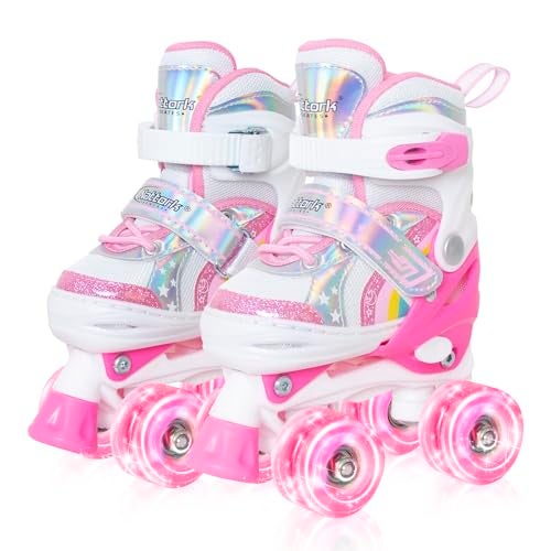 Nattork Girls Roller Skates for Little Kids Toddler Ages 5-8 4 5 6 7, 4 Size Adjustable Rainbow Unicorn Quad Skates with All Light Up Wheels - Best Birthday Gift for Outdoor Sports - Image 1