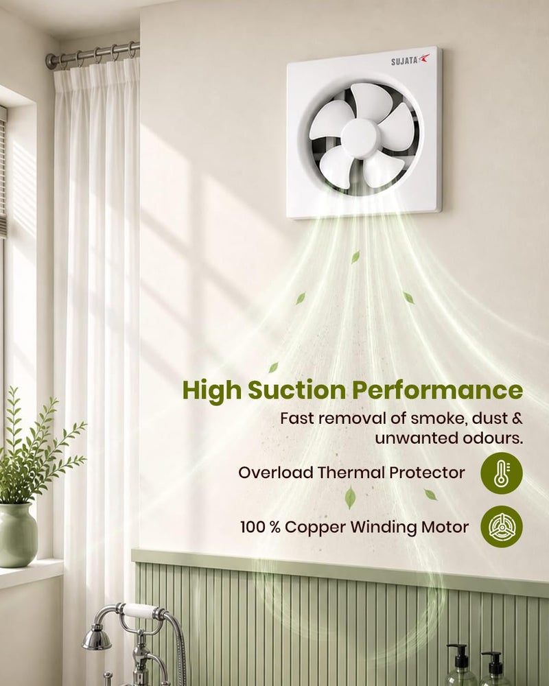 Sujata 8 Inch Premium Exhaust Fan for Kitchen, Bathroom & Office | 2 Years Warranty | 200mm High Air Delivery Exhaust Fan, 2100 RPM, 100% Copper Winding, Strong Air Suction (EPB81HS - White) - Image 4