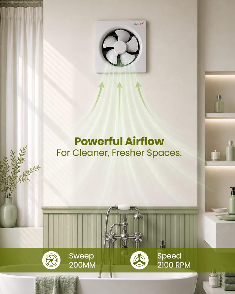 Sujata 8 Inch Premium Exhaust Fan for Kitchen, Bathroom & Office | 2 Years Warranty | 200mm High Air Delivery Exhaust Fan, 2100 RPM, 100% Copper Winding, Strong Air Suction (EPB81HS - White) - Image 3