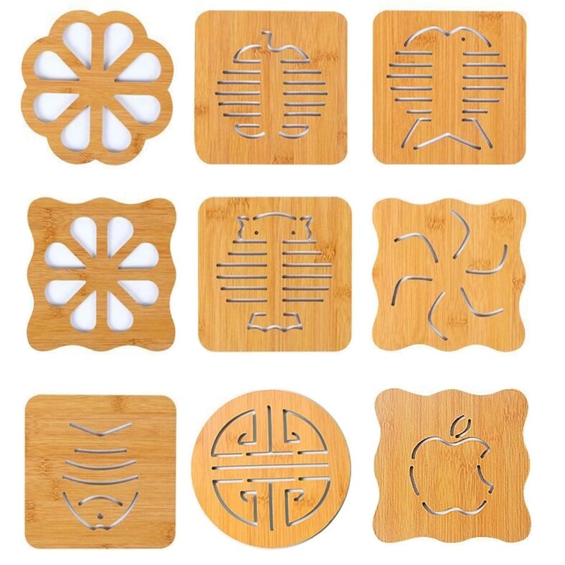 OLWICK® Wooden Insulation Mat, Openwork Wooden Coasters for Hot Dishes, Pot, Bowl, Teapot, Pack of 9 (Random Pattern) - Image 1
