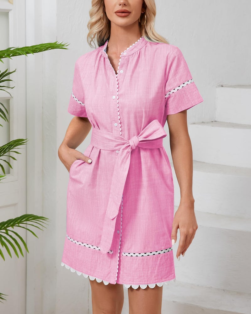 YEXPINE Women's Short Sleeve Summer Shirt Dress Button Down Belted Tunic Mini Dresses RIC Rac Trim Sundress with Pockets(Pink-M) - Image 2