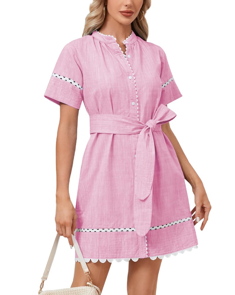 YEXPINE Women's Short Sleeve Summer Shirt Dress Button Down Belted Tunic Mini Dresses RIC Rac Trim Sundress with Pockets(Pink-M) - Image 1