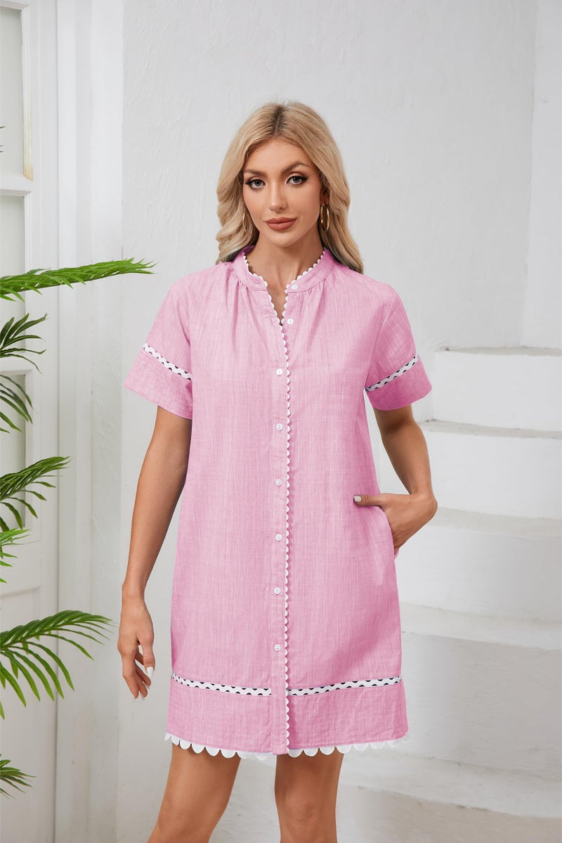 YEXPINE Women's Short Sleeve Summer Shirt Dress Button Down Belted Tunic Mini Dresses RIC Rac Trim Sundress with Pockets(Pink-M) - Image 5