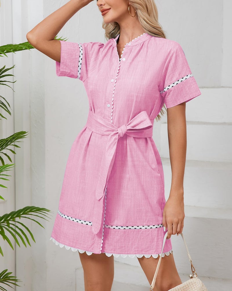YEXPINE Women's Short Sleeve Summer Shirt Dress Button Down Belted Tunic Mini Dresses RIC Rac Trim Sundress with Pockets(Pink-M) - Image 3