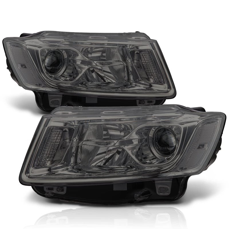 MAUTO Set of 2 Headlights Assembly with Halogen Bulbs Compatible with 1416 Jeep Grand Cherokee Pre Facelift Chrome Housing Smoke Lens Clear Corner HeadLamps Replacement