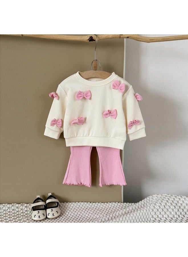 Korago Fall Baby Girl Clothes 2 Piece Set, Long Sleeve Knit Top with Bow & Pink Flare Pants, 6M to 3T Toddler Girl Outfits, Pink, 12-18 Months - Image 3