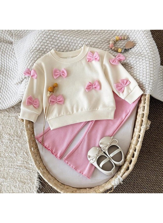 Korago Fall Baby Girl Clothes 2 Piece Set, Long Sleeve Knit Top with Bow & Pink Flare Pants, 6M to 3T Toddler Girl Outfits, Pink, 12-18 Months - Image 2