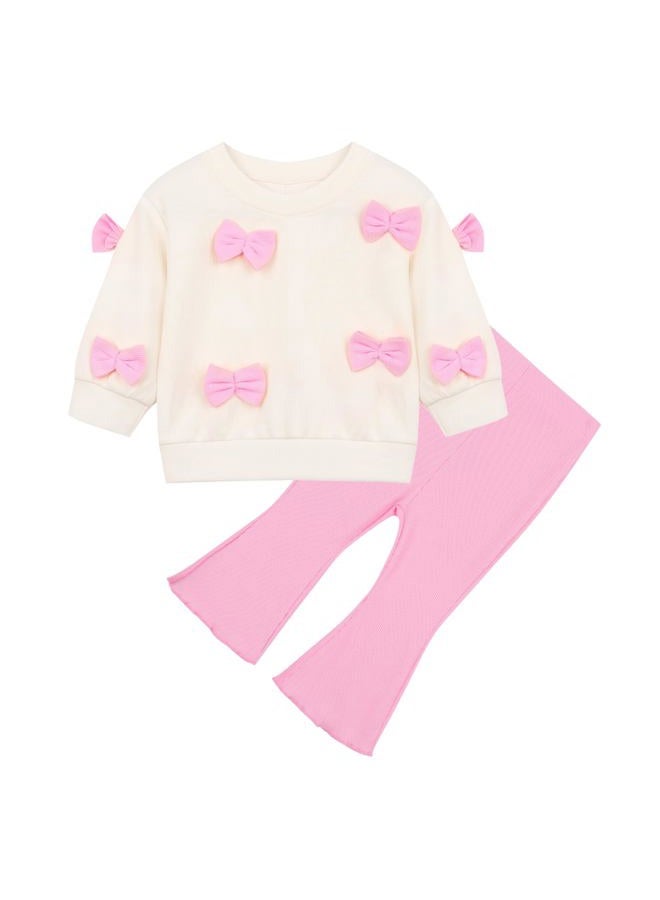 Korago Fall Baby Girl Clothes 2 Piece Set, Long Sleeve Knit Top with Bow & Pink Flare Pants, 6M to 3T Toddler Girl Outfits, Pink, 12-18 Months - Image 1