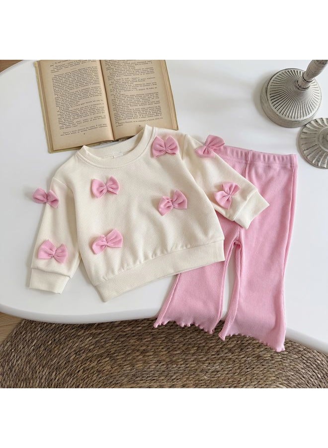 Korago Fall Baby Girl Clothes 2 Piece Set, Long Sleeve Knit Top with Bow & Pink Flare Pants, 6M to 3T Toddler Girl Outfits, Pink, 12-18 Months - Image 4