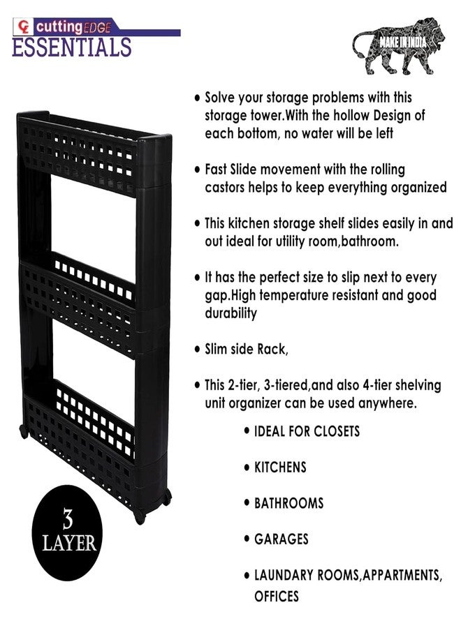 Cutting Edge Essentials Multipurpose Slim Shelf Rack for Kitchen Storage Organizer for Fruits, Vegetables/Slide Out Trolley with Wheels for Home, Bedroom, Living Room, Bathroom - 3 Layer, Black - Image 5