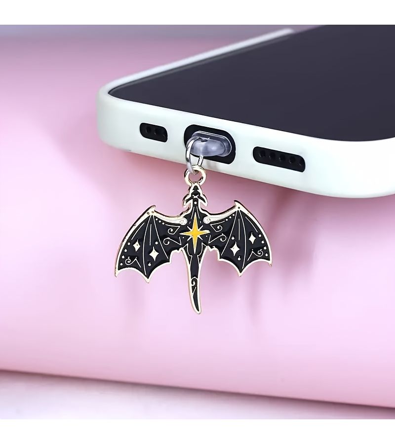 Black White Alloy Flying Dragon Bat Phone Dust Plug for Type C iPhone 5-14 Port - Image 2