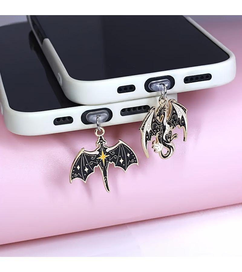Black White Alloy Flying Dragon Bat Phone Dust Plug for Type C iPhone 5-14 Port - Image 1