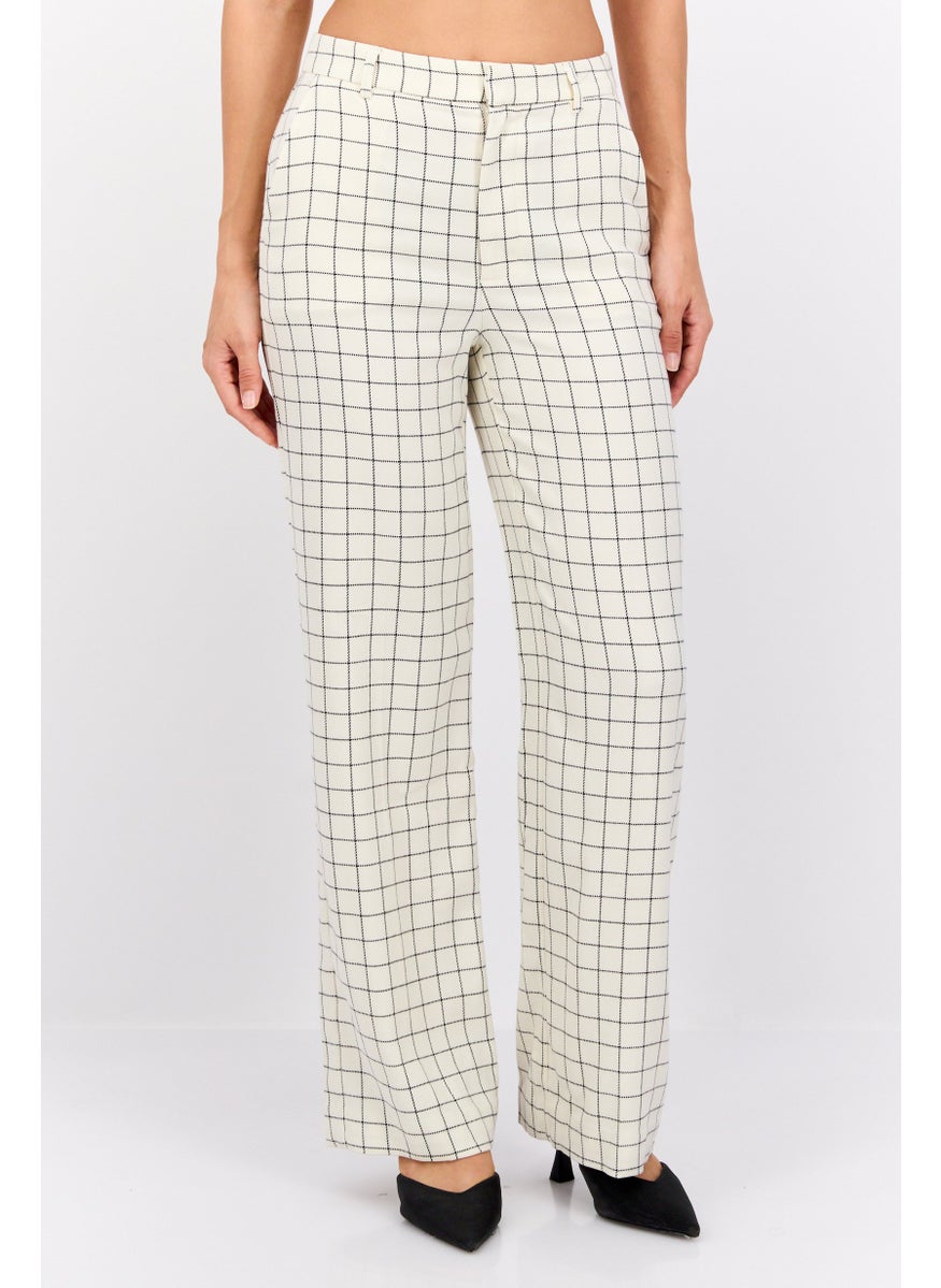 Scotch & Soda Women Regular Fit Straight Leg Checkered Pants, Beige  - Image 1