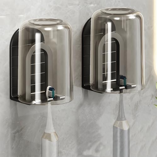 HOOALEE Wall Mounted Toothbrush Holder Set - Self Adhesive Bathroom Toothbrush Holder & Cup Set for Small Bathroom, Apartments or RVs, Includes 2 Cups and 2 Aluminum Toothbrush Holders (Black) - Image 1