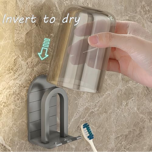 HOOALEE Wall Mounted Toothbrush Holder Set - Self Adhesive Bathroom Toothbrush Holder & Cup Set for Small Bathroom, Apartments or RVs, Includes 2 Cups and 2 Aluminum Toothbrush Holders (Black) - Image 3