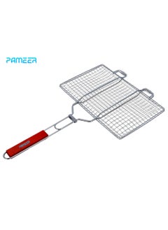 PAMEER Barbeque Steel Grill With Wooden Handle,  Stainless Steel BBQ Grilling Basket Large Folding Grill, Portable BBQ with  Lockable Grate, Grill Basket for Fish, Vegetables Grill BBQ, Size 40 x 30cm  - Image 1