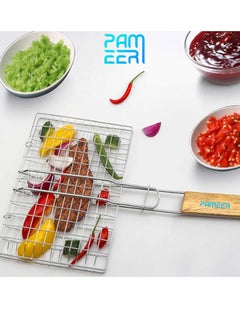 PAMEER Barbeque Steel Grill With Wooden Handle,  Stainless Steel BBQ Grilling Basket Large Folding Grill, Portable BBQ with  Lockable Grate, Grill Basket for Fish, Vegetables Grill BBQ, Size 40 x 30cm  - Image 2