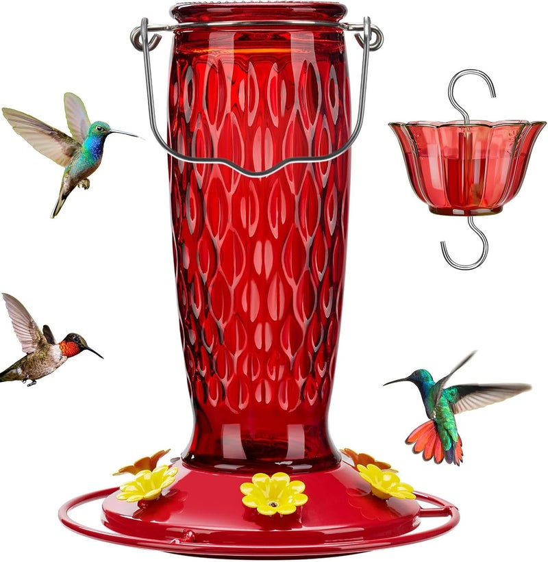 Kingsyard Glass Hummingbird Feeder for Outdoors, Hanging Wild Bird Feeder with 6 Feeding Ports, 24 oz Nectar Cpacity, Leak-Proof, Easy to Refill & Clean, Red (Ant Moat Included) - Image 1