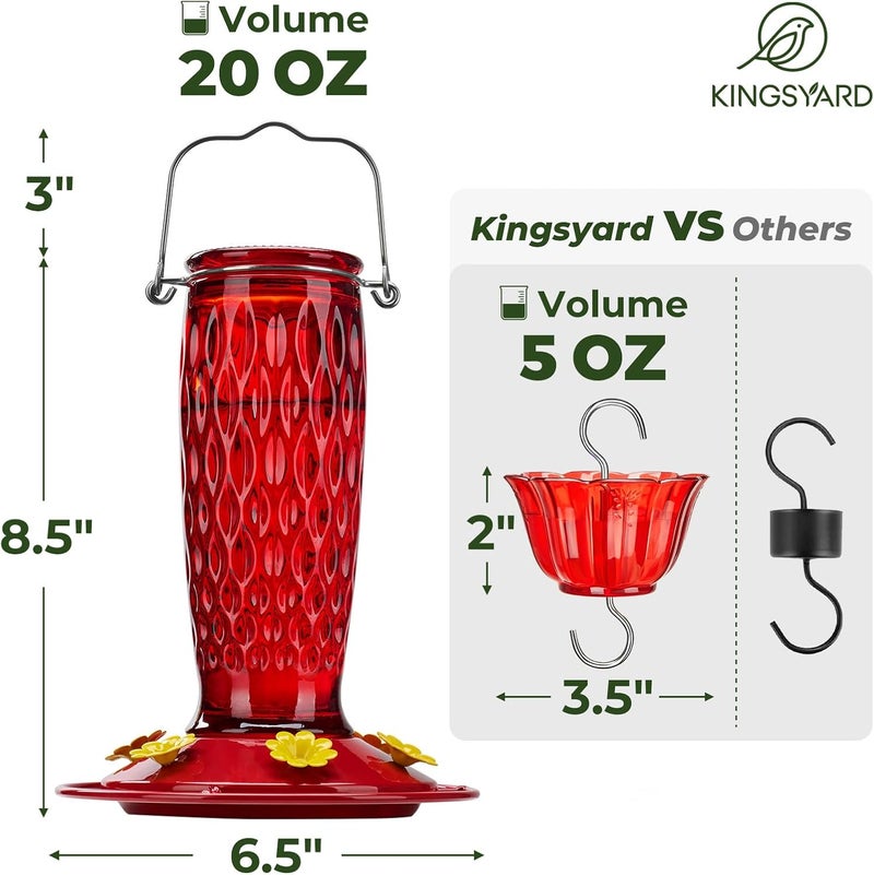 Kingsyard Glass Hummingbird Feeder for Outdoors, Hanging Wild Bird Feeder with 6 Feeding Ports, 24 oz Nectar Cpacity, Leak-Proof, Easy to Refill & Clean, Red (Ant Moat Included) - Image 5