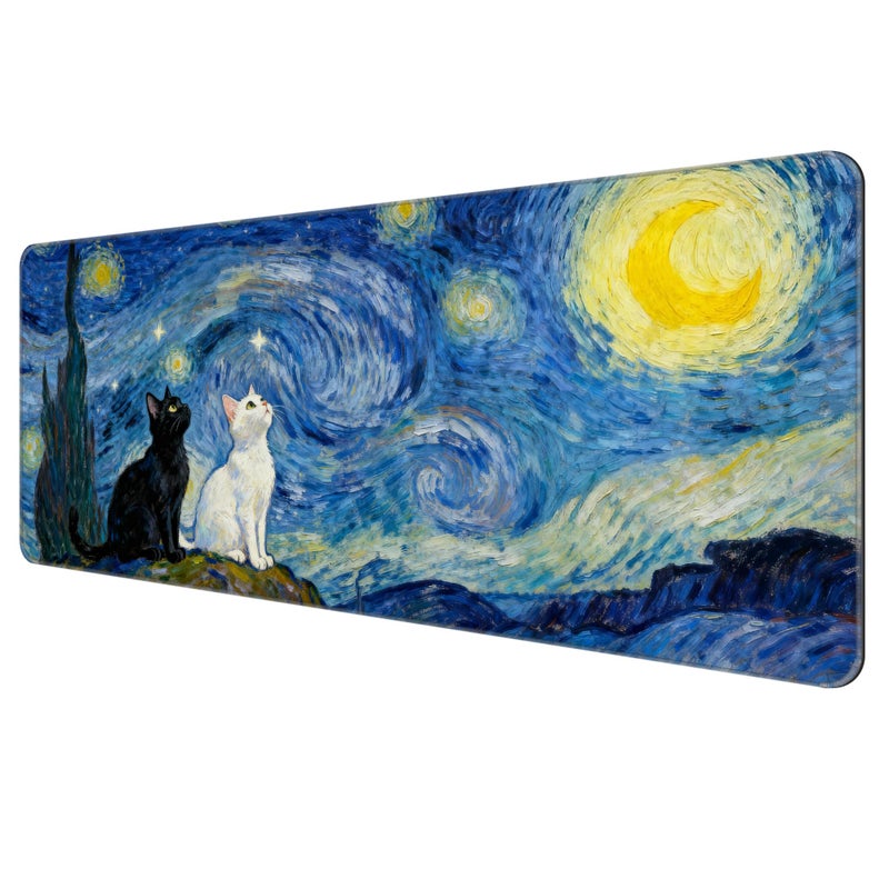 Dynippy Thin Extended Gaming Mouse Pad ï¼ˆ31.5 * 11.8 * 0.08 inchï¼‰ with Stitched Edges Large Mousepad Long XXL Keyboard and Mouse pad Desk Mat for Gaming Office & Home - Starry Night Cat - Image 1