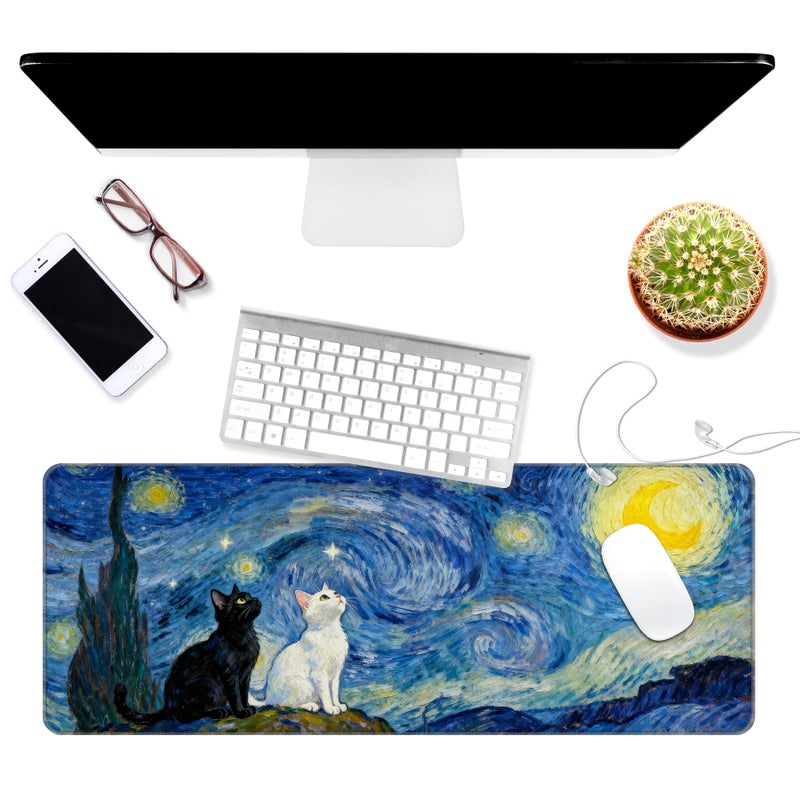 Dynippy Thin Extended Gaming Mouse Pad ï¼ˆ31.5 * 11.8 * 0.08 inchï¼‰ with Stitched Edges Large Mousepad Long XXL Keyboard and Mouse pad Desk Mat for Gaming Office & Home - Starry Night Cat - Image 3