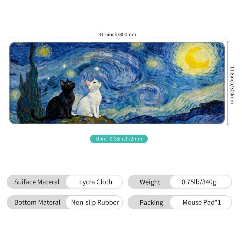 Dynippy Thin Extended Gaming Mouse Pad ï¼ˆ31.5 * 11.8 * 0.08 inchï¼‰ with Stitched Edges Large Mousepad Long XXL Keyboard and Mouse pad Desk Mat for Gaming Office & Home - Starry Night Cat - Image 2